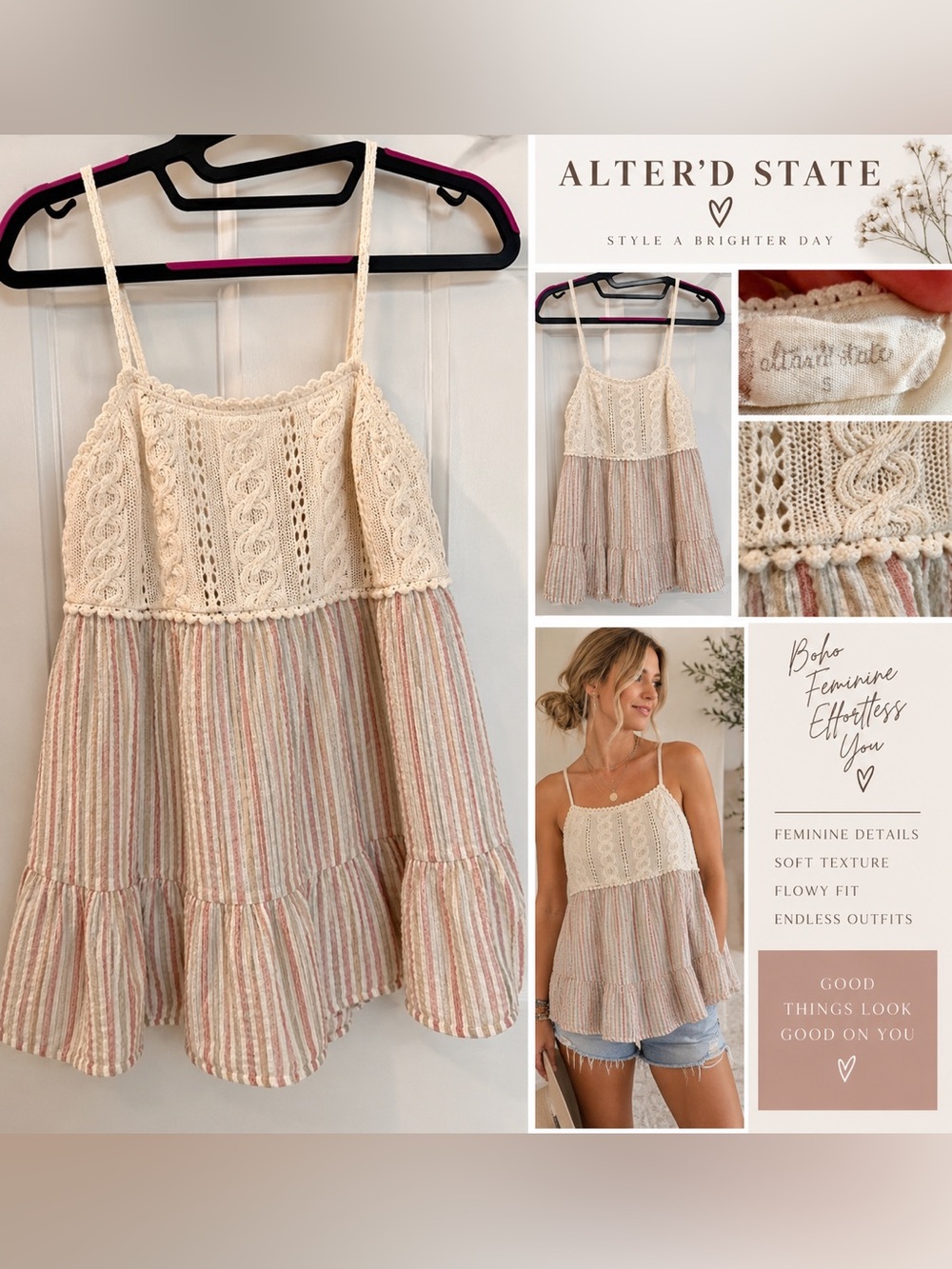 Altar'd State Cream Crochet Bodice Striped Flowy Crop Tank